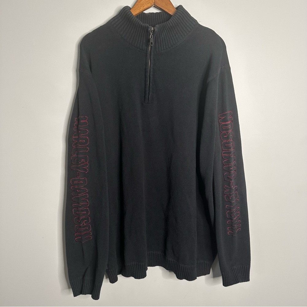 HARLEY DAVIDSON 3XL 1/4 Zip Thick Knit Black Sweater Embroidered Spellout Sleeve